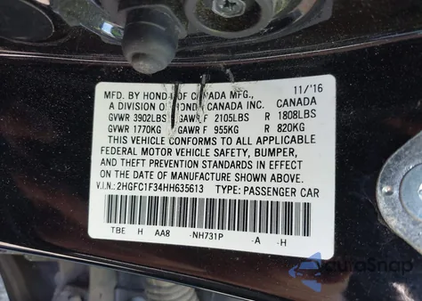 2017 Honda Civic Ex-T z USA, uszkodzony, nr VIN 2HGFC1F34HH635613